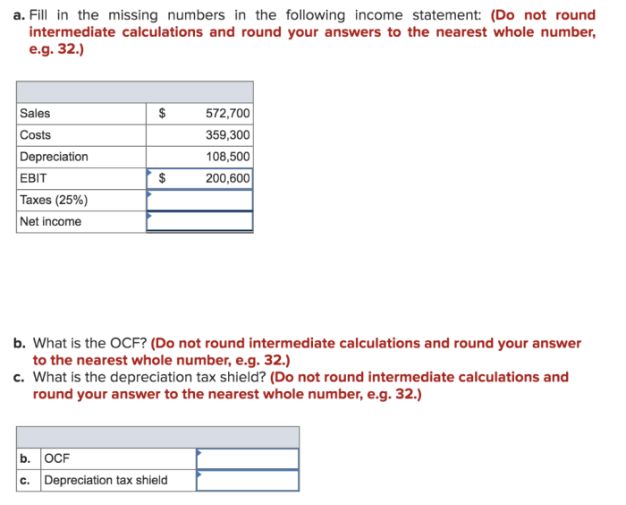 Fill in the missing numbers in the following income statement